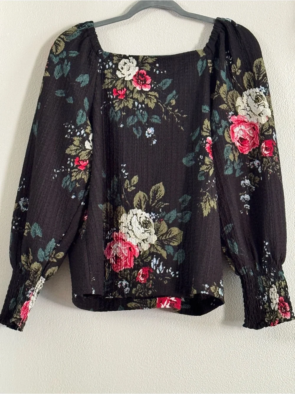 LOFT Black Floral Square Neck Puff Long Sleeve Smocked Cuffs Blouse Top⁠